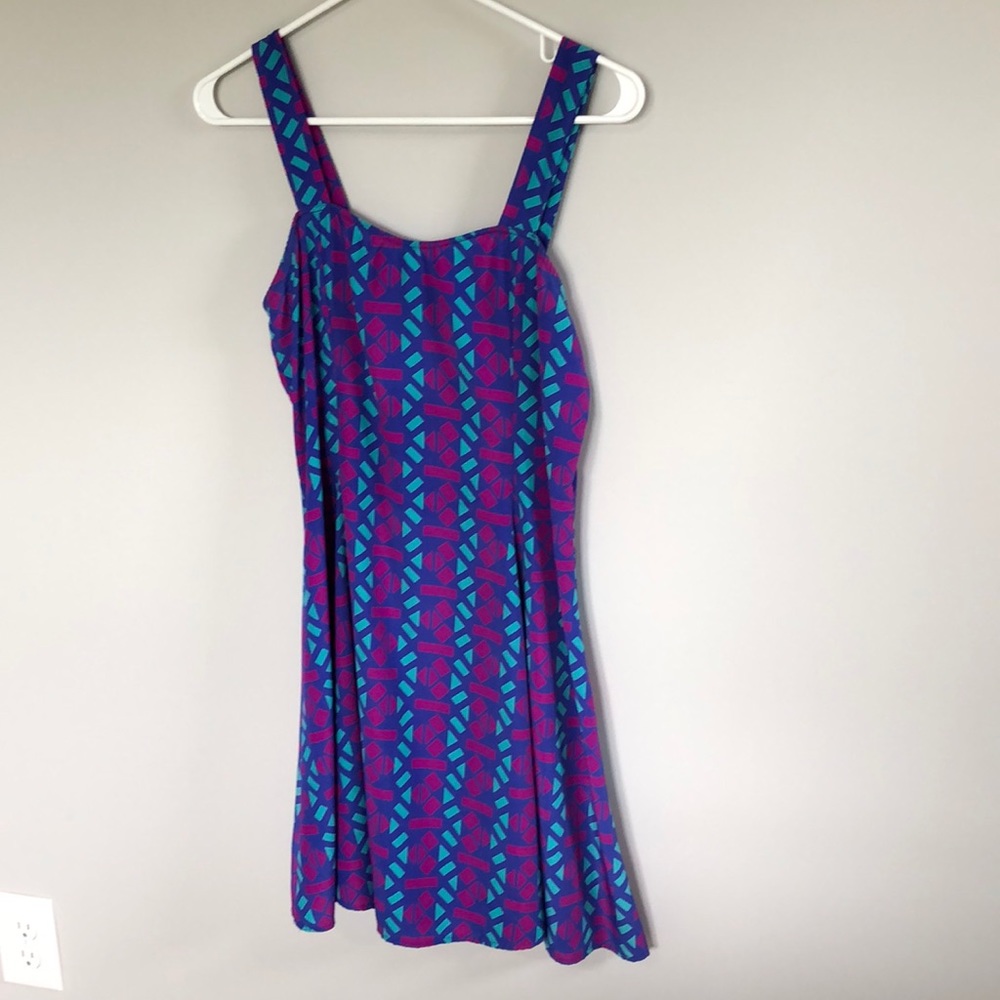 Women’s fit & flare purple & turquoise print retro 80s dress